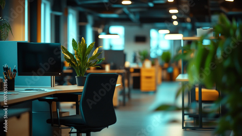 Modern office interior showcasing a tranquil work environment with greenery