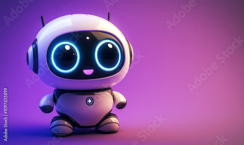 cute robot with large glowing eyes stands against vibrant purple background, exuding playful and friendly vibe. This charming design captures essence of modern technology and creativity