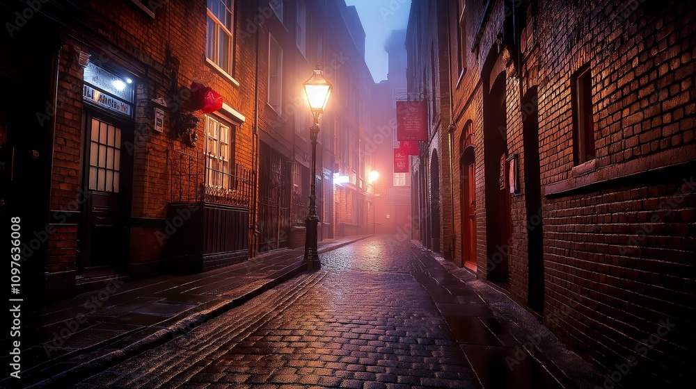 A lone streetlamp glowing in a foggy urban alley at night. A lone streetlamp glowing in a foggy urban alley at night.