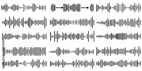 Set of sound waves, equalizer, music wave, digital and analog line waveforms. Audio sound symbol, radio signal frequency and digital voice visualisation wave. Radar signal, sonar sound recording icons