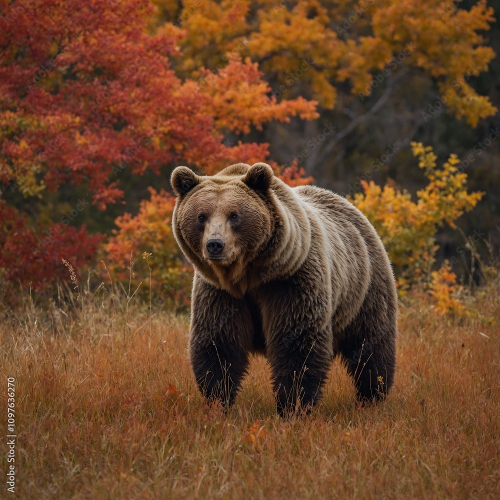 A bear in a meadow during fall, surrounded by fiery orange and red foliage.
A bear in a meadow during fall, surrounded by fiery orange and red foliage.