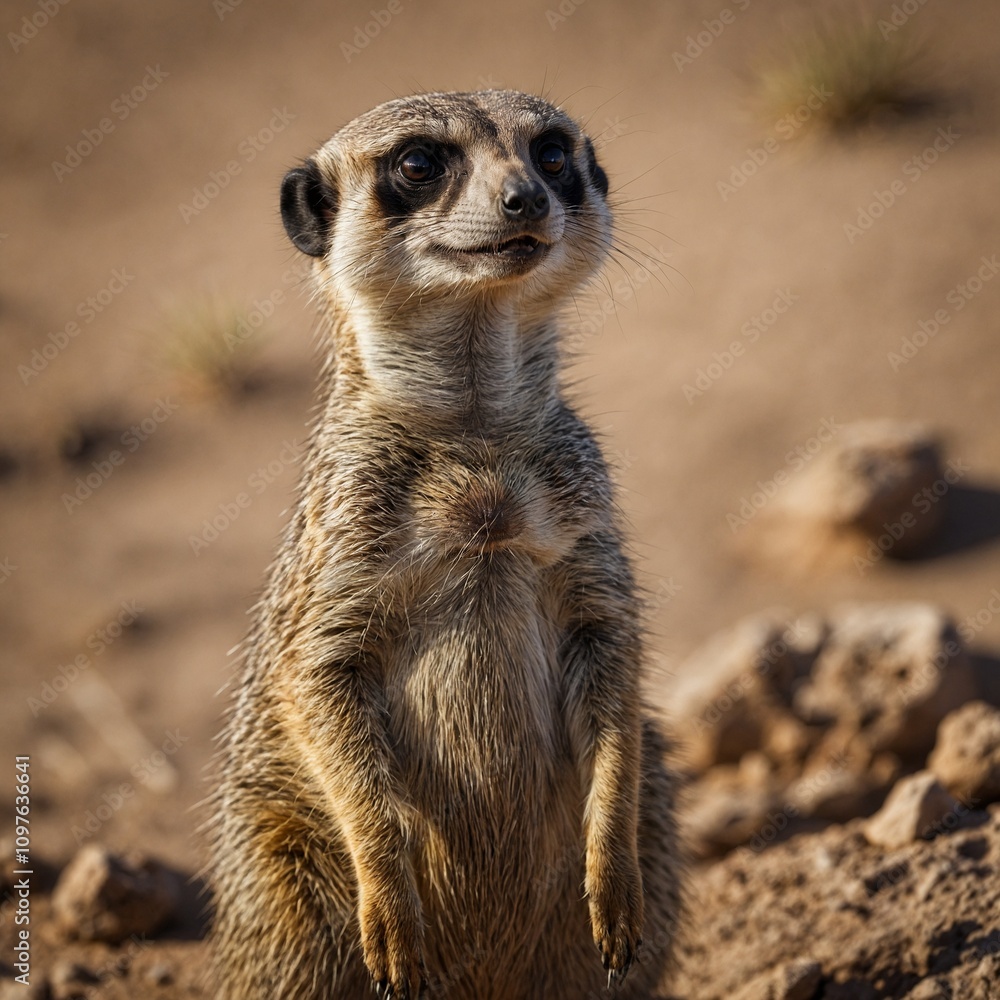 A meerkat standing alert in an arid plain. A meerkat standing alert in an arid plain.