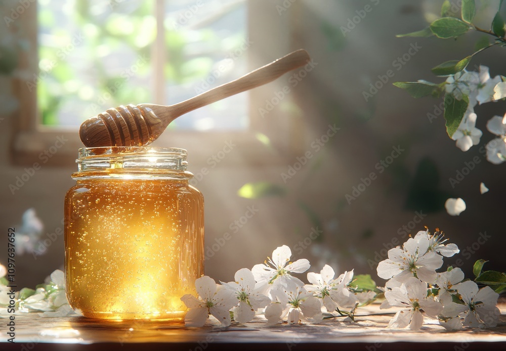 A Beautiful Jar of Honey with a Wooden Spoon Surrounded by Blossoms and Sunlight Illuminating the Scene, Capturing Ambiance and Natural Beauty in a Rustic Setting A Beautiful Jar of Honey with a Wooden Spoon Surrounded by Blossoms and Sunlight Illuminating the Scene, Capturing Ambiance and Natural Beauty in a Rustic Setting