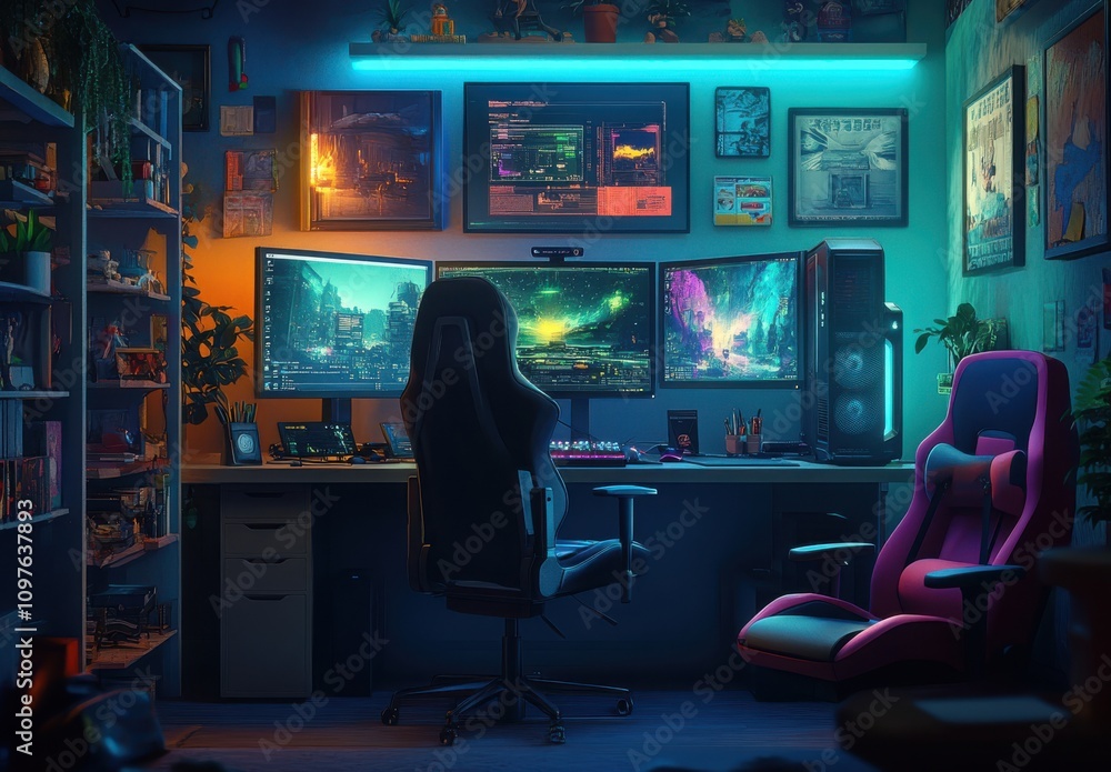 A Cozy and Futuristic Home Office Setup with Multiple Monitors, Vibrant Lighting, Gaming Chairs, and Shelves Full of Books and Decorative Items A Cozy and Futuristic Home Office Setup with Multiple Monitors, Vibrant Lighting, Gaming Chairs, and Shelves Full of Books and Decorative Items