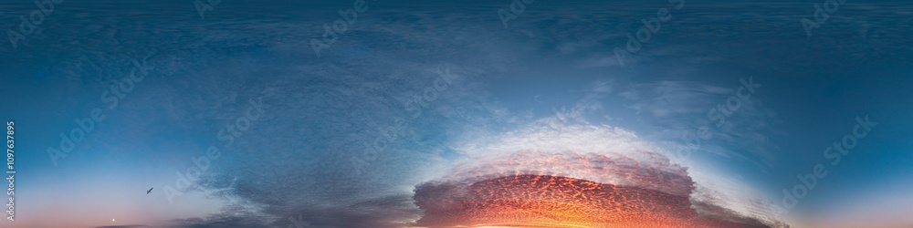 Fototapeta premium Red burning sunset sky panorama with Cumulus clouds. Seamless hdr 360 pano in spherical equirectangular format. Sky dome or zenith for 3D visualization, sky replacement for aerial drone panoramas