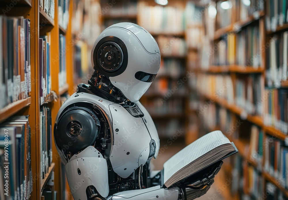 A Futuristic Robot Engaged in Reading a Book Inside a Library Surrounded by Bookshelves Filled with Literature and Knowledge for a Modern Learning Environment A Futuristic Robot Engaged in Reading a Book Inside a Library Surrounded by Bookshelves Filled with Literature and Knowledge for a Modern Learning Environment