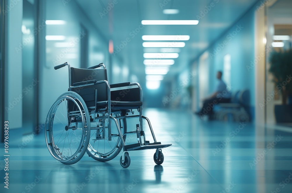 A Quiet Hospital Corridor Featuring an Empty Wheelchair on Smooth Floors with Soft Blue Lighting, Invoking Feelings of Care, Hope, and Healing in a Medical Environment A Quiet Hospital Corridor Featuring an Empty Wheelchair on Smooth Floors with Soft Blue Lighting, Invoking Feelings of Care, Hope, and Healing in a Medical Environment