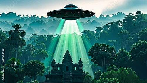 Mysterious ufo hovering over ancient jungle temple at dawn photo