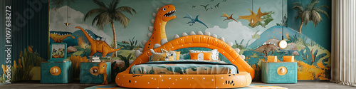 Cheerful bedroom with a dinosaur theme, including a dino-shaped bed, playful murals, and vibrant decor. Ideal for young paleontologists and adventurers photo