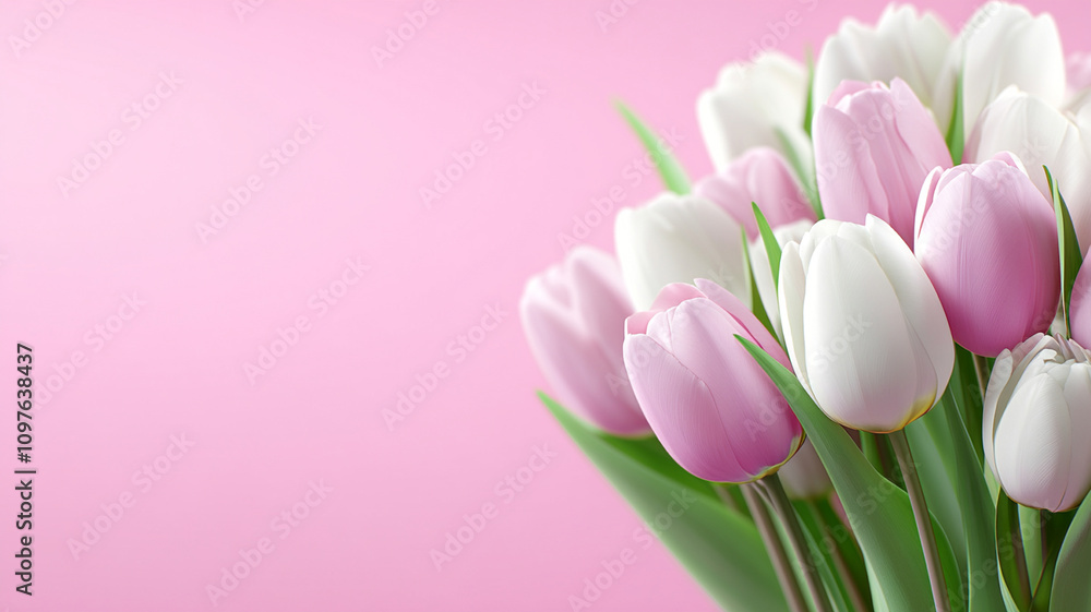 beautiful bouquet of tulips in shades of pink and white against soft pink background creates serene and cheerful atmosphere. This floral arrangement is perfect for celebrations or as gift beautiful bouquet of tulips in shades of pink and white against soft pink background creates serene and cheerful atmosphere. This floral arrangement is perfect for celebrations or as gift