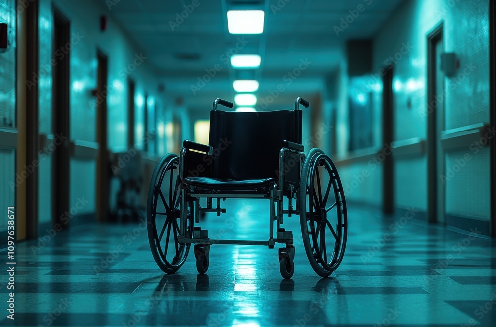 Abandoned Wheelchair in a Hospital Hallway, Symbolizing Loneliness and Vulnerability in Healthcare Settings, Echoing Stories of Patients and Their Journeys Through Illness Abandoned Wheelchair in a Hospital Hallway, Symbolizing Loneliness and Vulnerability in Healthcare Settings, Echoing Stories of Patients and Their Journeys Through Illness