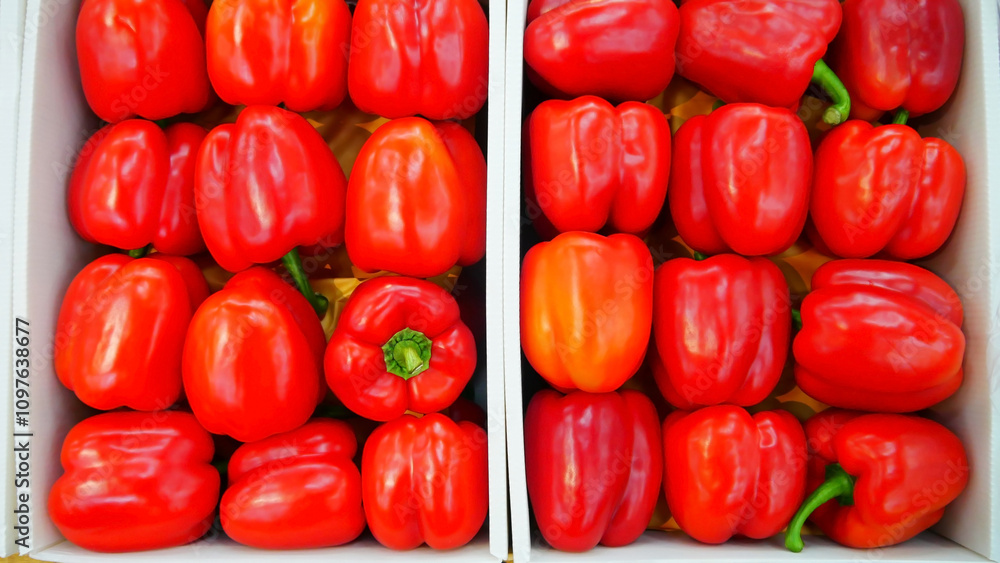 Close-up of many beautiful red bell peppers in white boxes Close-up of many beautiful red bell peppers in white boxes