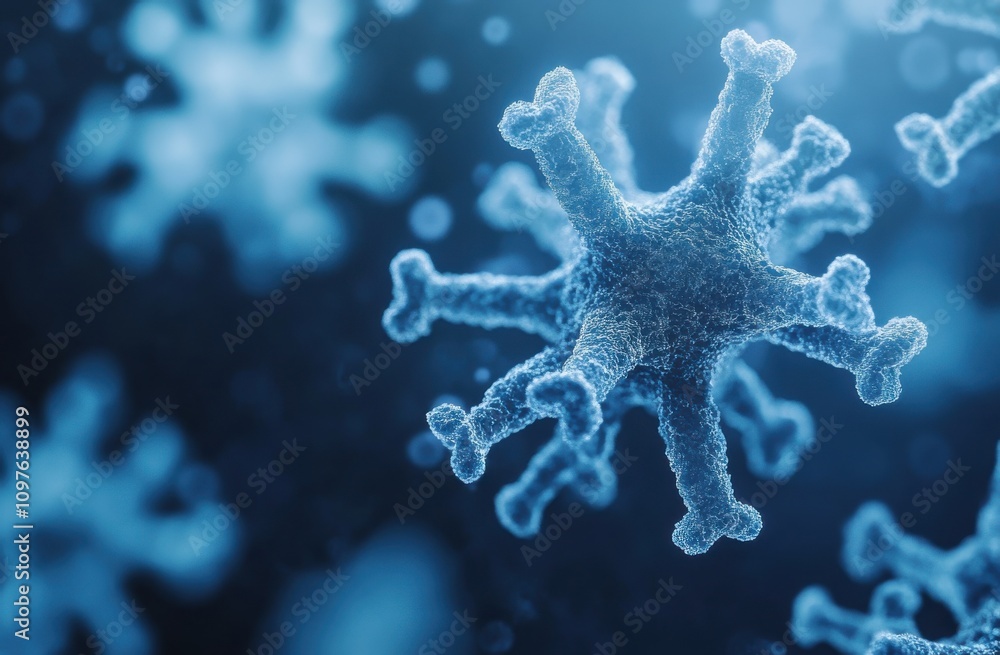 Abstract representation of viruses or microorganisms with intricate structures and a blue background, showcasing the microscopic world of pathogens and their potential impacts on health. Abstract representation of viruses or microorganisms with intricate structures and a blue background, showcasing the microscopic world of pathogens and their potential impacts on health.