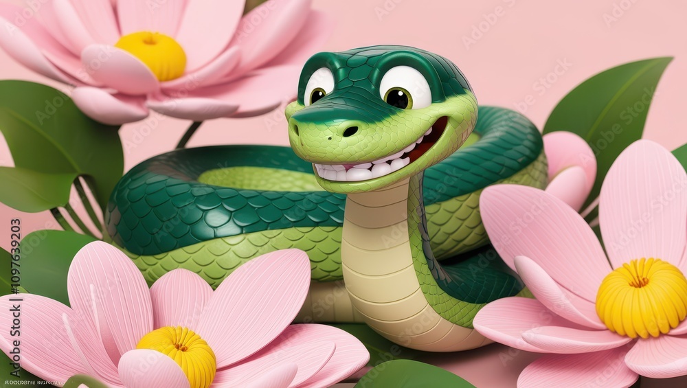 Fototapeta premium Amidst soft pink flowers on a pink background a kind green snake . Symbol of the year 2025 