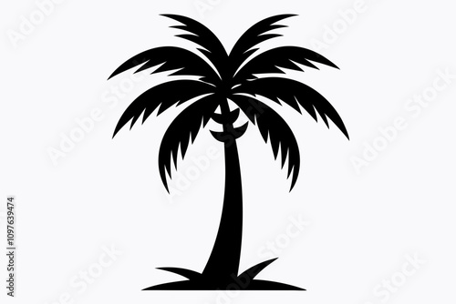 A palm tree silhouette vector illustration,palm tree silhouette vector illustration, tropical coconut, palm tree silhouette, palm tree silhouette on white background.