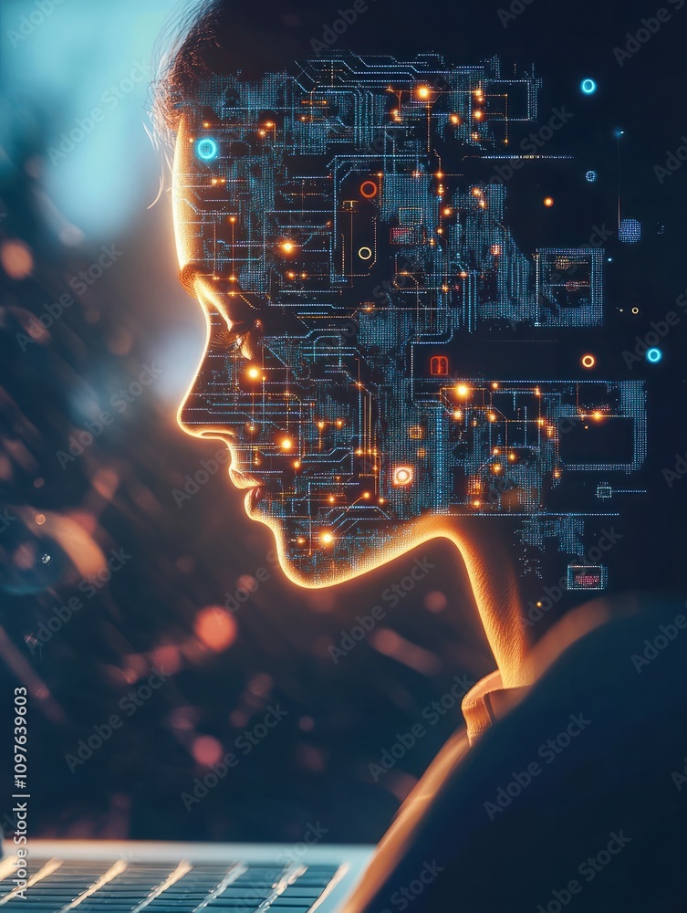 Artificial intelligence concept with businesswoman using laptop on digital screen background with glowing microcircuit in human face silhouette in profile Artificial intelligence concept with businesswoman using laptop on digital screen background with glowing microcircuit in human face silhouette in profile