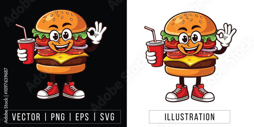 Happy Burger Cartoon Mascot with Drink - Vector, PNG, EPS, SVG