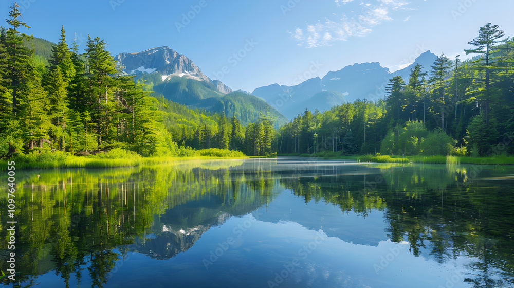 Pristine Mountain Lake Reflecting Lush Forests Under Clear Blue Sky, Capturing Pure Natural Beauty Pristine Mountain Lake Reflecting Lush Forests Under Clear Blue Sky, Capturing Pure Natural Beauty