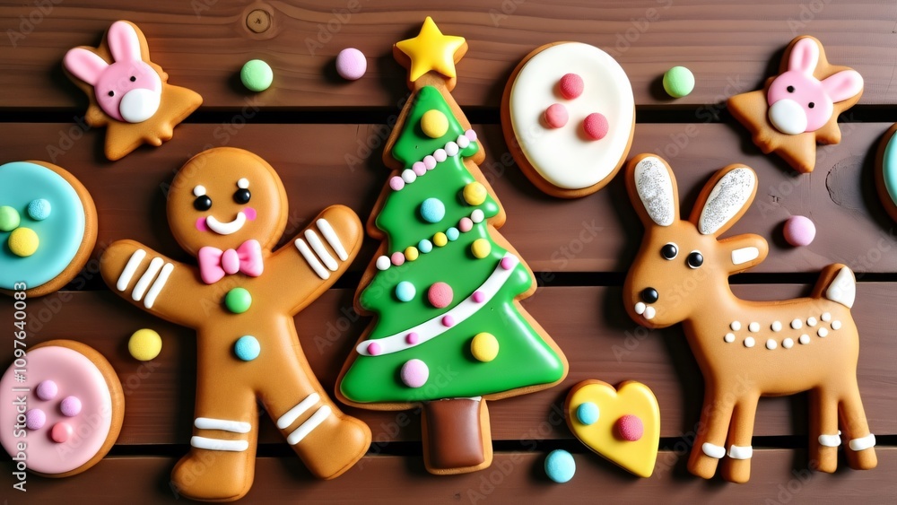 Obraz premium Christmas Gingerbread Cookies, Deer, Tree, Man