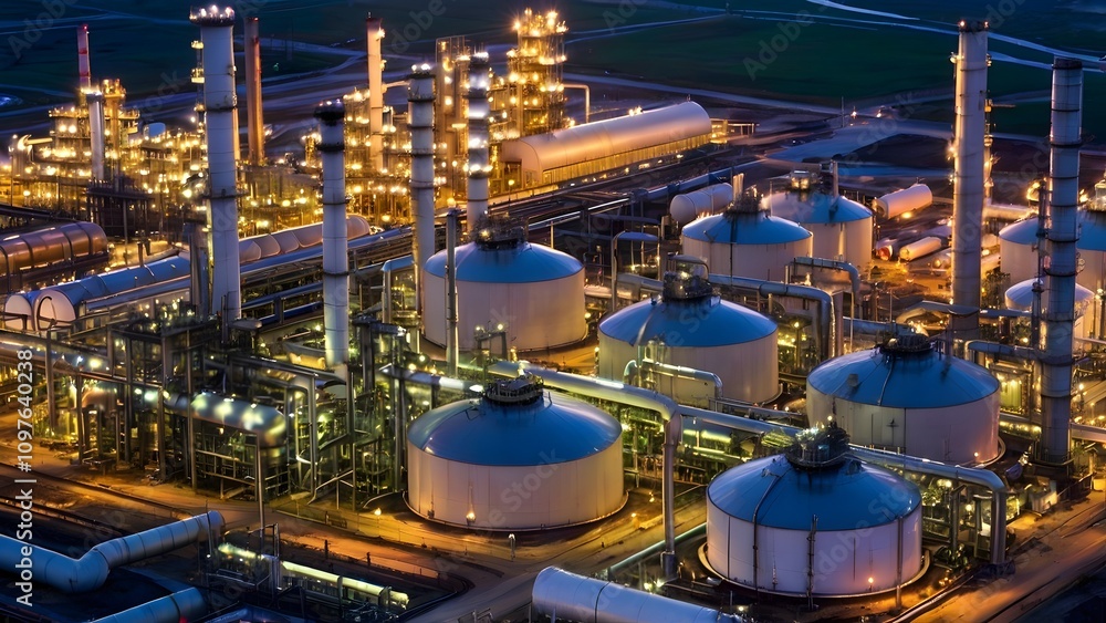 an oil refinery at sunset, an oil refinery at sunset,