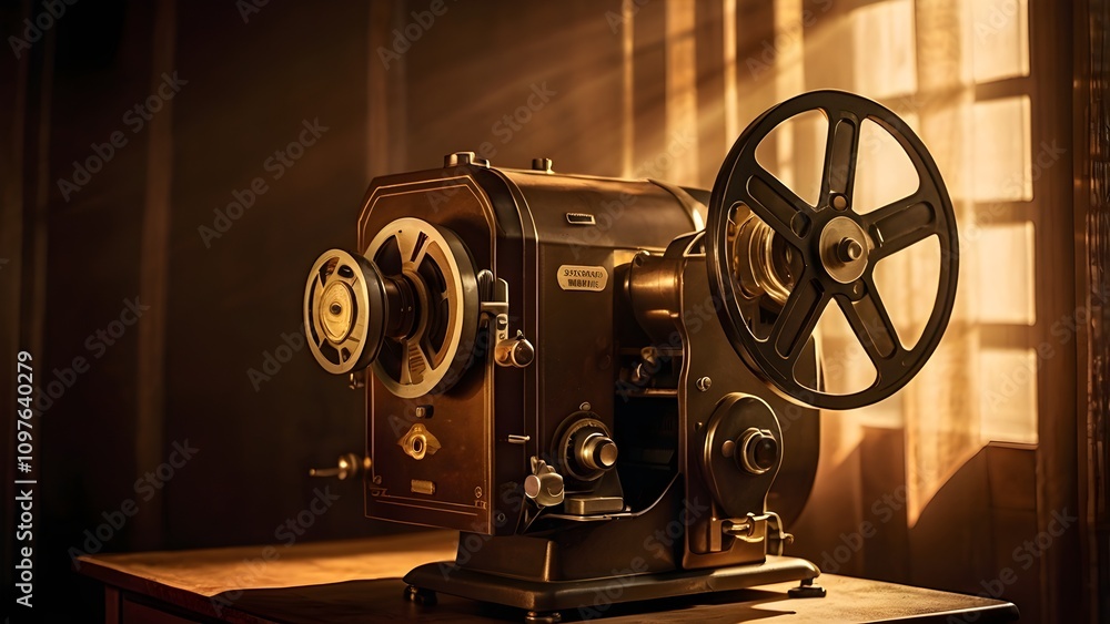 Fototapeta premium film projector glowing in a dark room, .