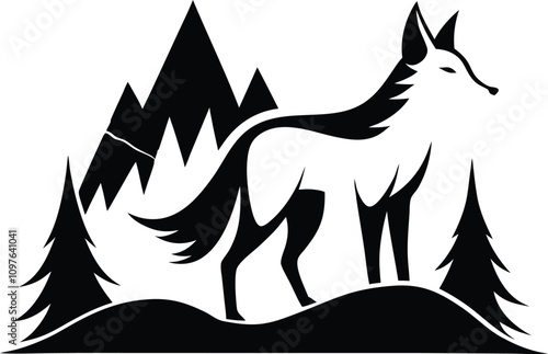 Black & White Coyote Logo Design: Mountain Landscape, Pine Trees, Wildlife Illustration, Nature Graphic, Animal Silhouette, Vector Art photo