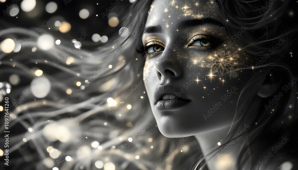 A hyper-realistic portrait of a woman with glowing floral tattoos across her face A hyper-realistic portrait of a woman with glowing floral tattoos across her face