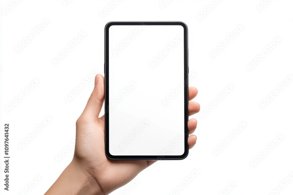 human hand holding tablet with blank display screen isolated on white