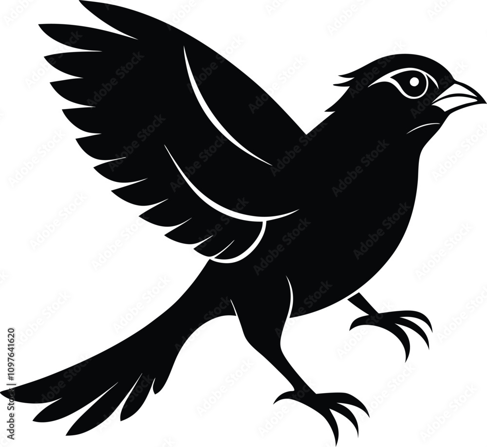 Fototapeta premium Black and White Bird Illustration: Vector Graphic of a Songbird in Flight, Detailed Silhouette Art for Nature and Wildlife Designs