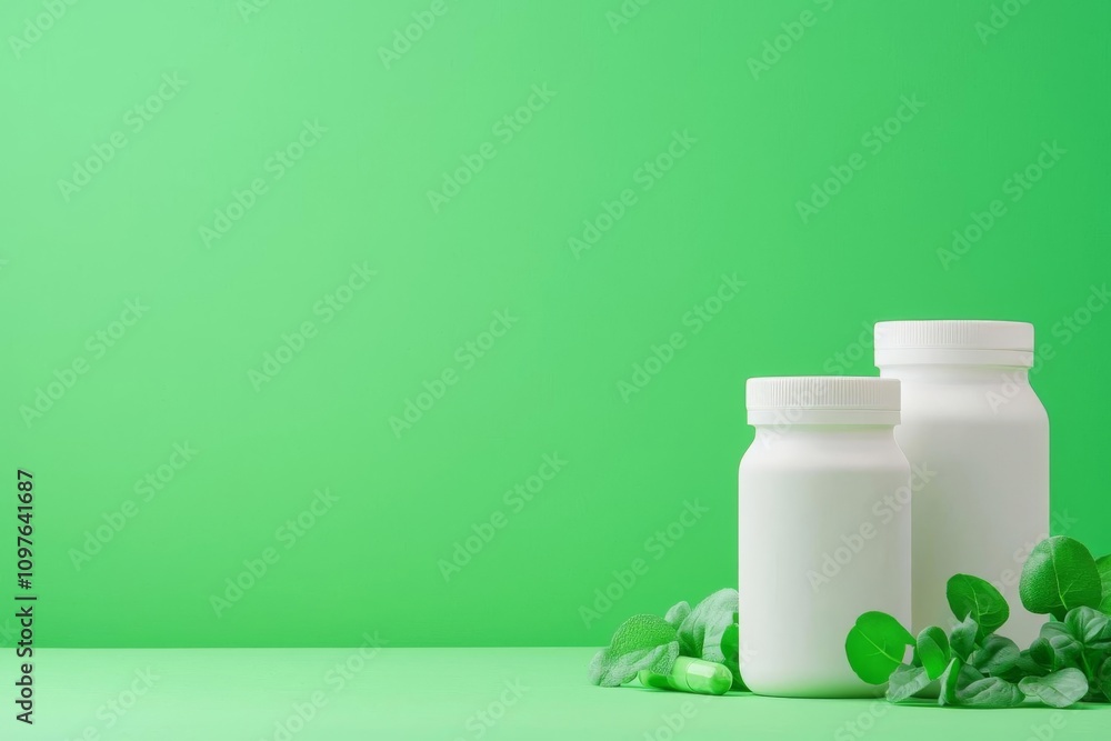 Two white supplement bottles surrounded by green leaves on a vibrant green background. Two white supplement bottles surrounded by green leaves on a vibrant green background.