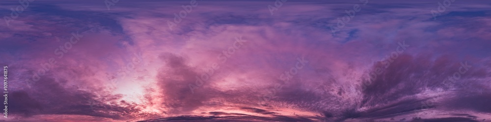 Sunset sky with bright glowing pink Cumulus clouds. Seamless spherical HDR 360 panorama. Full zenith or sky dome in 3D, sky replacement for aerial drone panoramas. Climate and weather change. Sunset sky with bright glowing pink Cumulus clouds. Seamless spherical HDR 360 panorama. Full zenith or sky dome in 3D, sky replacement for aerial drone panoramas. Climate and weather change.