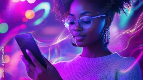 Beautiful African American Woman Using Mobile Phone in Vibrant Neon Lights
