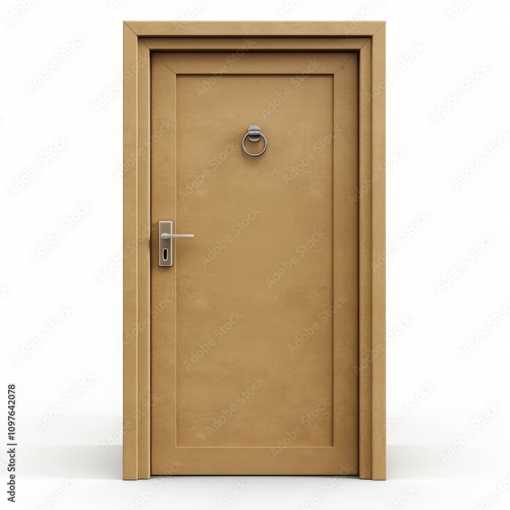 Obraz premium Closed wooden door with metal handle and knocker on white background