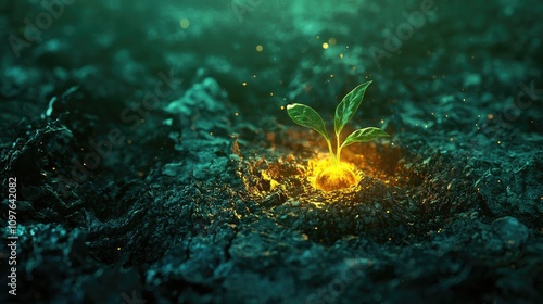 A glowing, small seed in the midst of a crumbling world, with vibrant green shoots emerging from it, symbolizing hope and renewa ,Dreamlike/Surreal photo