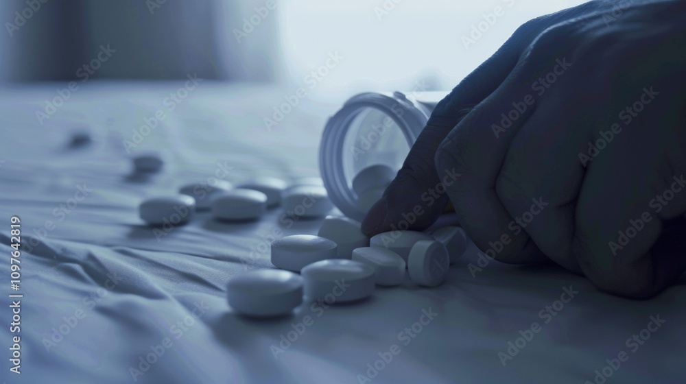 Fototapeta premium Close-up of hand holding pill bottle with scattered pills on white table, symbolizing drug poisoning and health awareness.