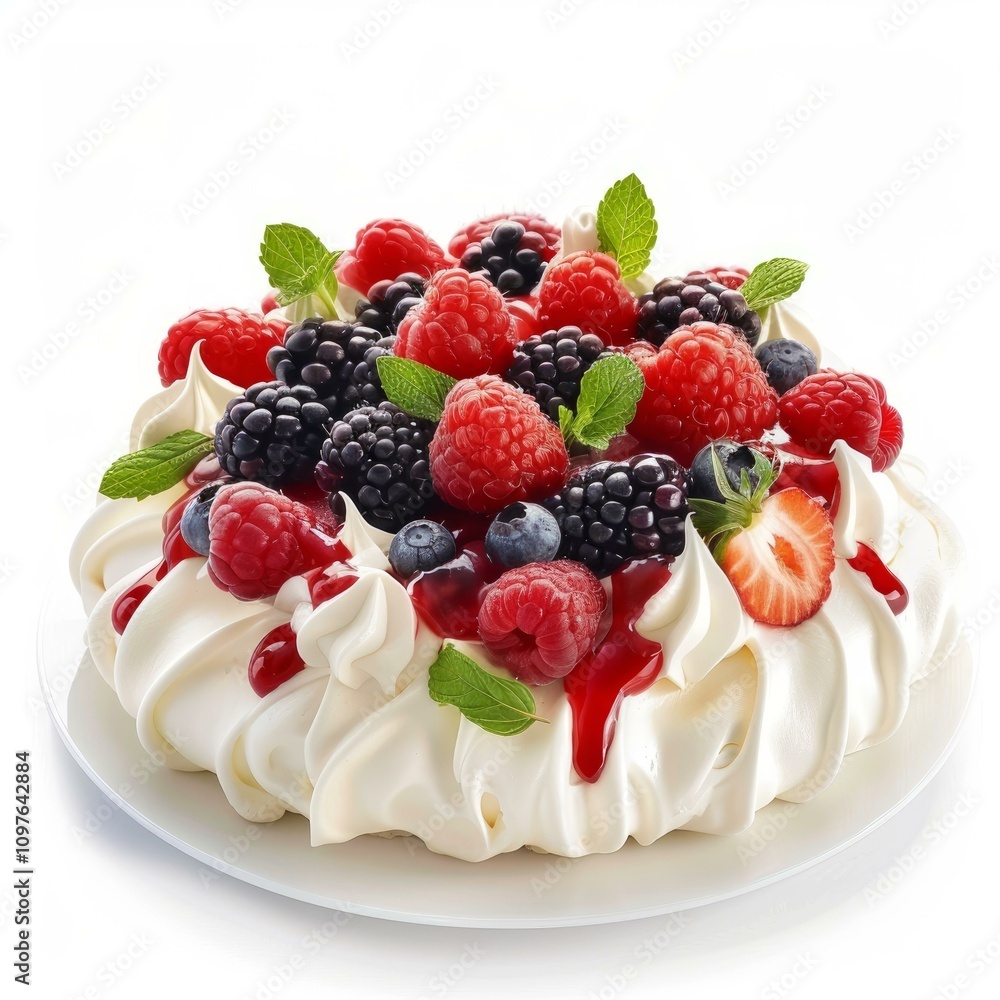 Delicious pavlova cake decorated with fresh berries and mint leaves Delicious pavlova cake decorated with fresh berries and mint leaves