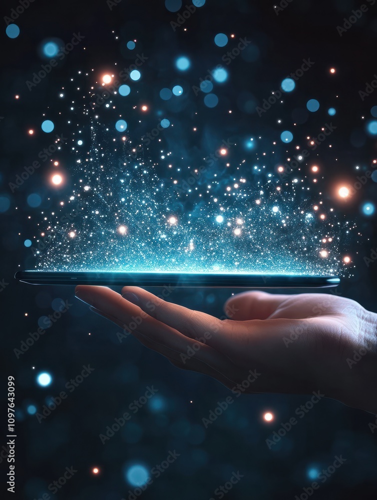 Close up of hand holding tablet with creative glowing 5G internet hologramn on dark background. Technology and speed concept Close up of hand holding tablet with creative glowing 5G internet hologramn on dark background. Technology and speed concept