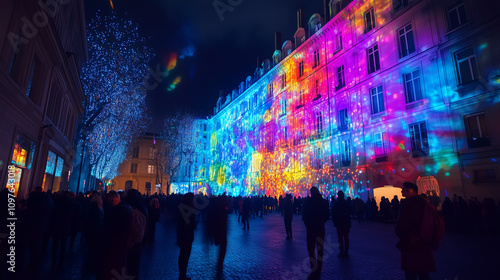 Festival of Lights in Lyon, featuring clean and dynamic light installations with bright colors