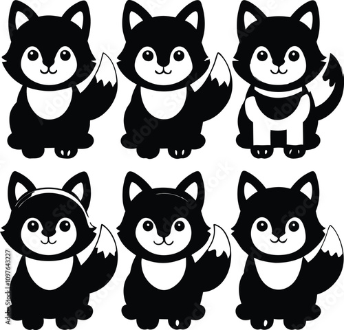 Cute Black and White Cartoon Fox Clipart Set: Vector Illustration of Adorable Animal Characters for Graphic Design Projects