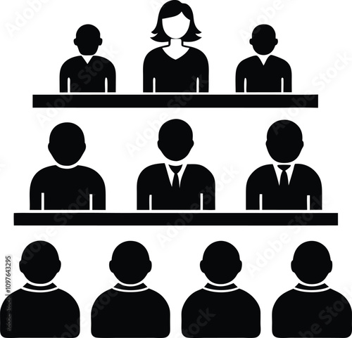 Jury Box Icon: Silhouette Illustration of Jurors in Court, Legal System Symbol, Justice, Trial, Verdict, Black and White Graphic