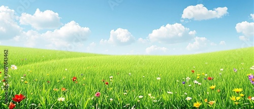 sprawling lawn with lush green grass and vibrant wildflowers, natural beauty, green lawn, wildflowers, fresh spring