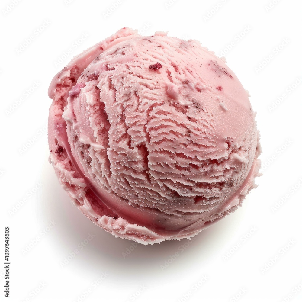 Fototapeta premium Single scoop of strawberry ice cream with fruit chunks on white background