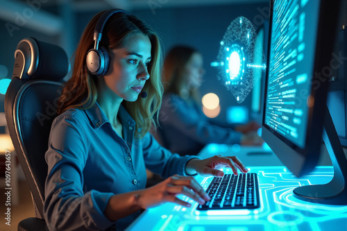 a women working at a futuristic whit hologram, high-tech workstation, she is wearing headphones, emphasizing the integration of digital, high-tech futuristic. generative ai photo