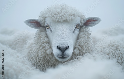 Close-Up View of a Fluffy White Sheep Surrounded by Soft Wool in a Dreamy Foggy Landscape Highlighting the Beauty of Nature and Farm Life