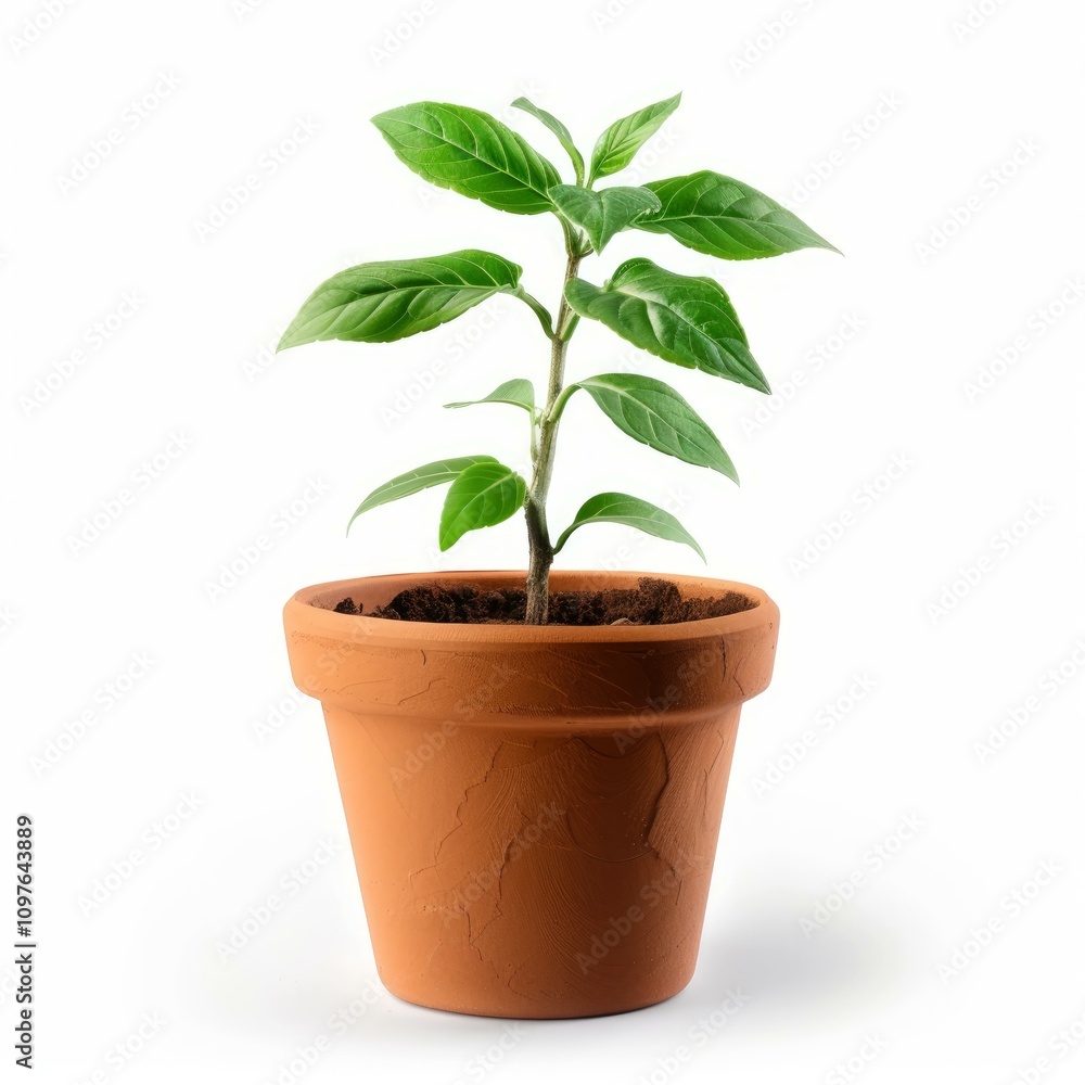 Fototapeta premium Small plant growing in terracotta pot on white background