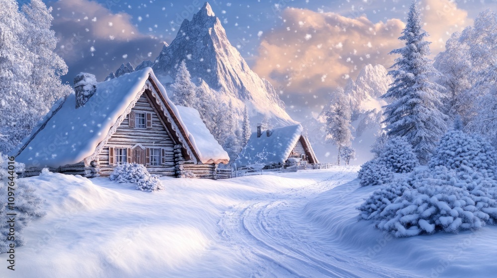 Snowy Mountain Village Winter Cabin Scene Snowy Mountain Village Winter Cabin Scene