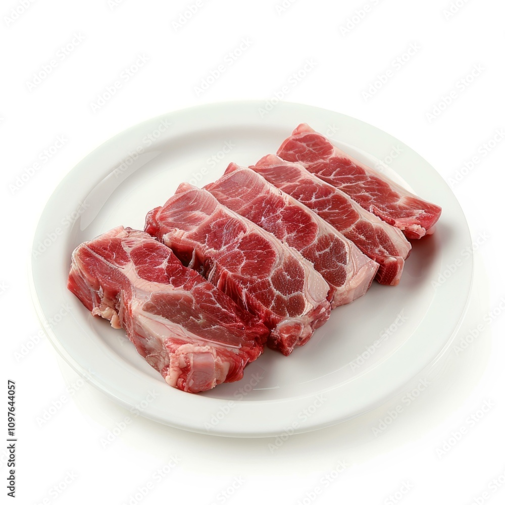 Fresh raw beef short ribs on white plate, ready for grilling Fresh raw beef short ribs on white plate, ready for grilling