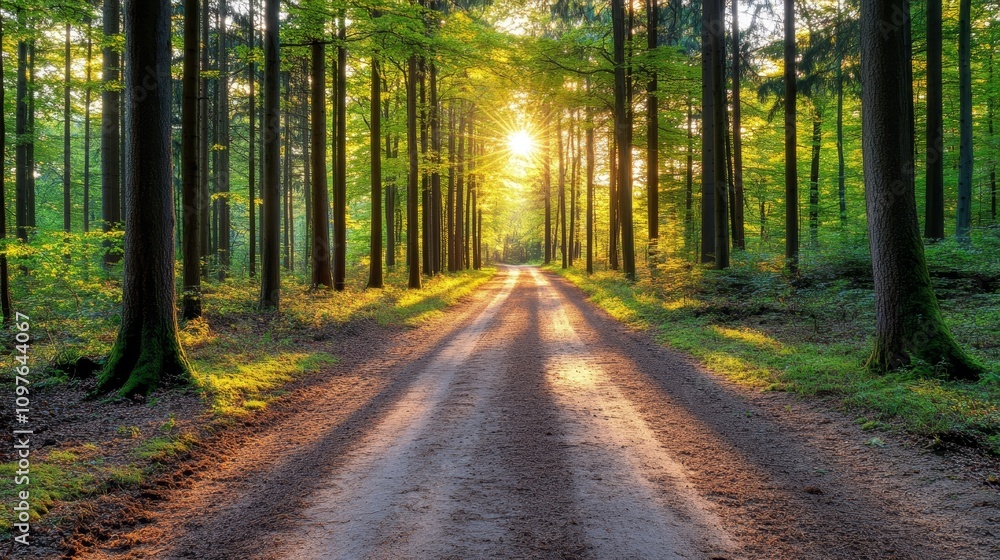 Fototapeta premium Discovering a serene dirt road through picturesque forest with majestic trees tranquil