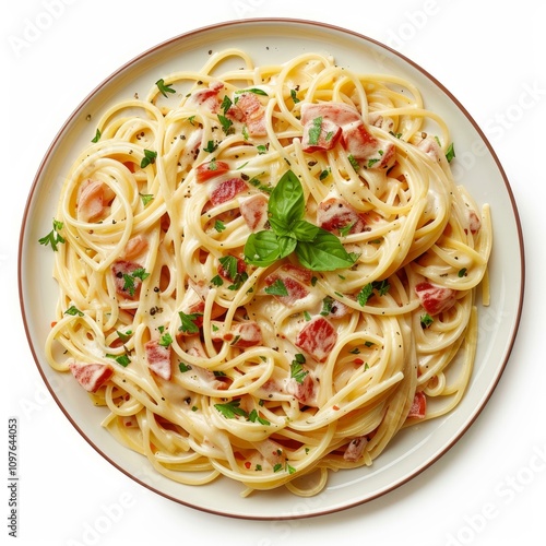 Creamy tomato sauce covering delicious hot spaghetti on white plate