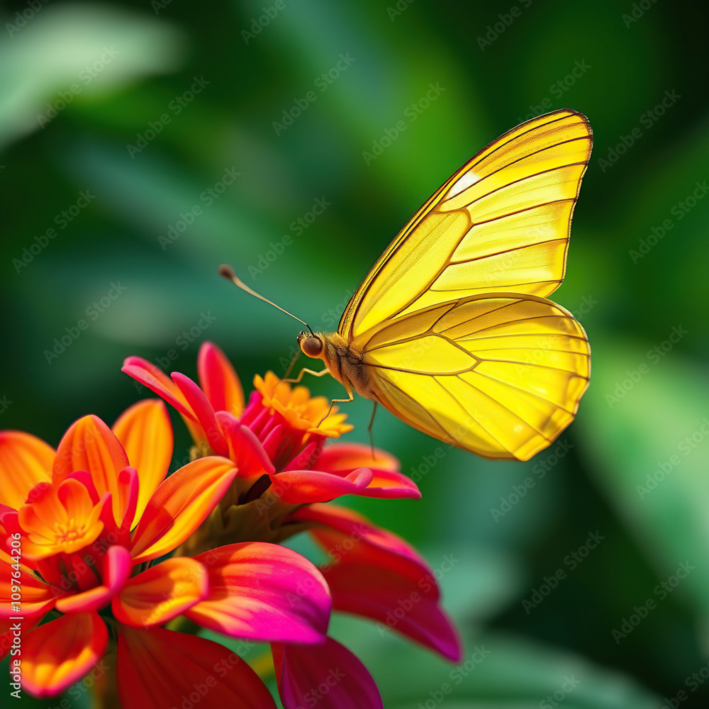 Stunning macro shot of yellow butterfly on colorful flower with soft focus of green leaves behind it, vivid colors, sunny day, wingspan, wildlife photography, close-up Stunning macro shot of yellow butterfly on colorful flower with soft focus of green leaves behind it, vivid colors, sunny day, wingspan, wildlife photography, close-up